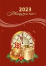 Happy New Year 2023. Christmas card with gift boxes, balls, candles and clock Royalty Free Stock Photo